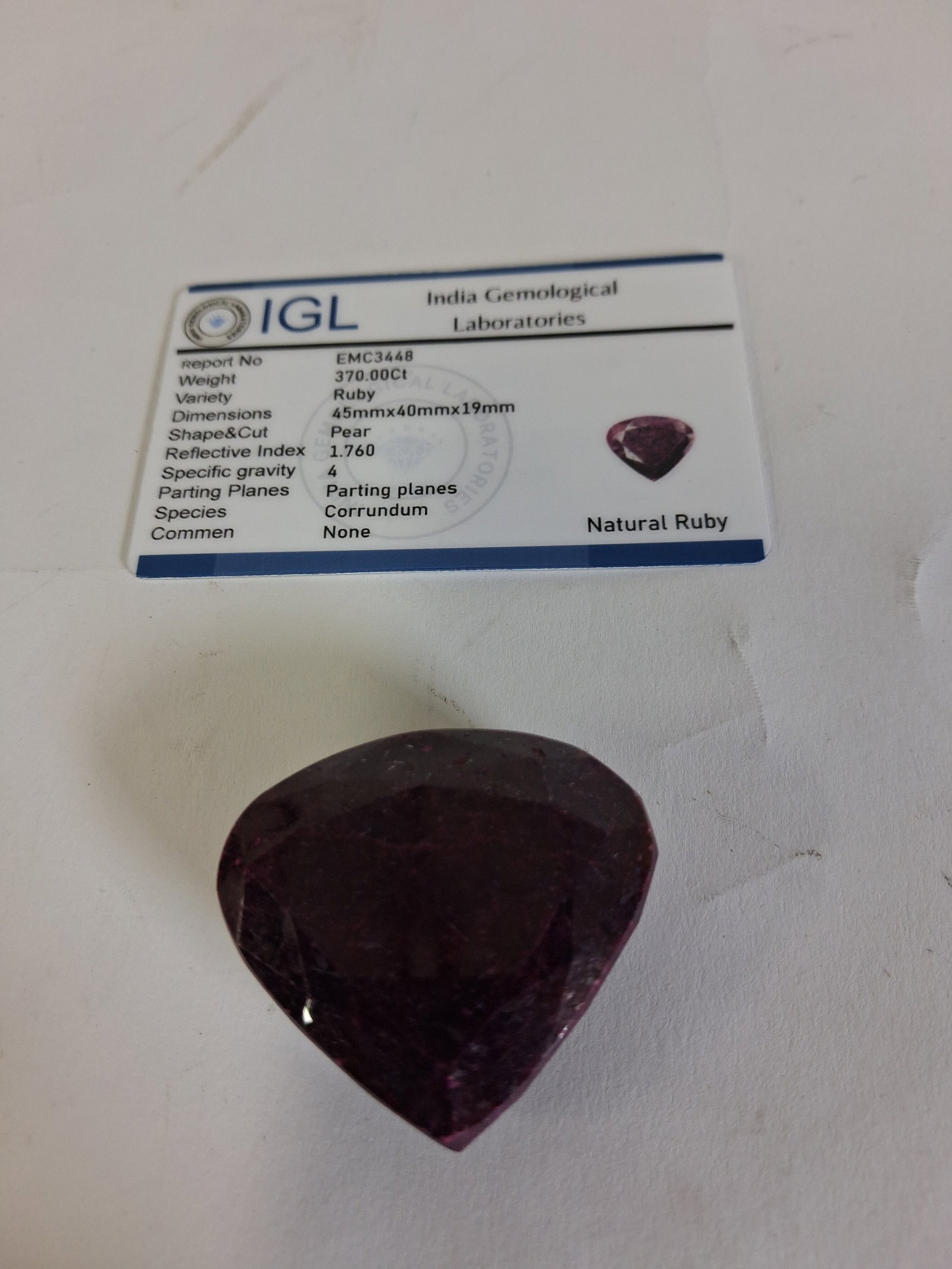 Natural Ruby 370 Ct.: Pear Shaped Cut. India Gemological Labortory Certificate. . Loose. Multi-faceted
