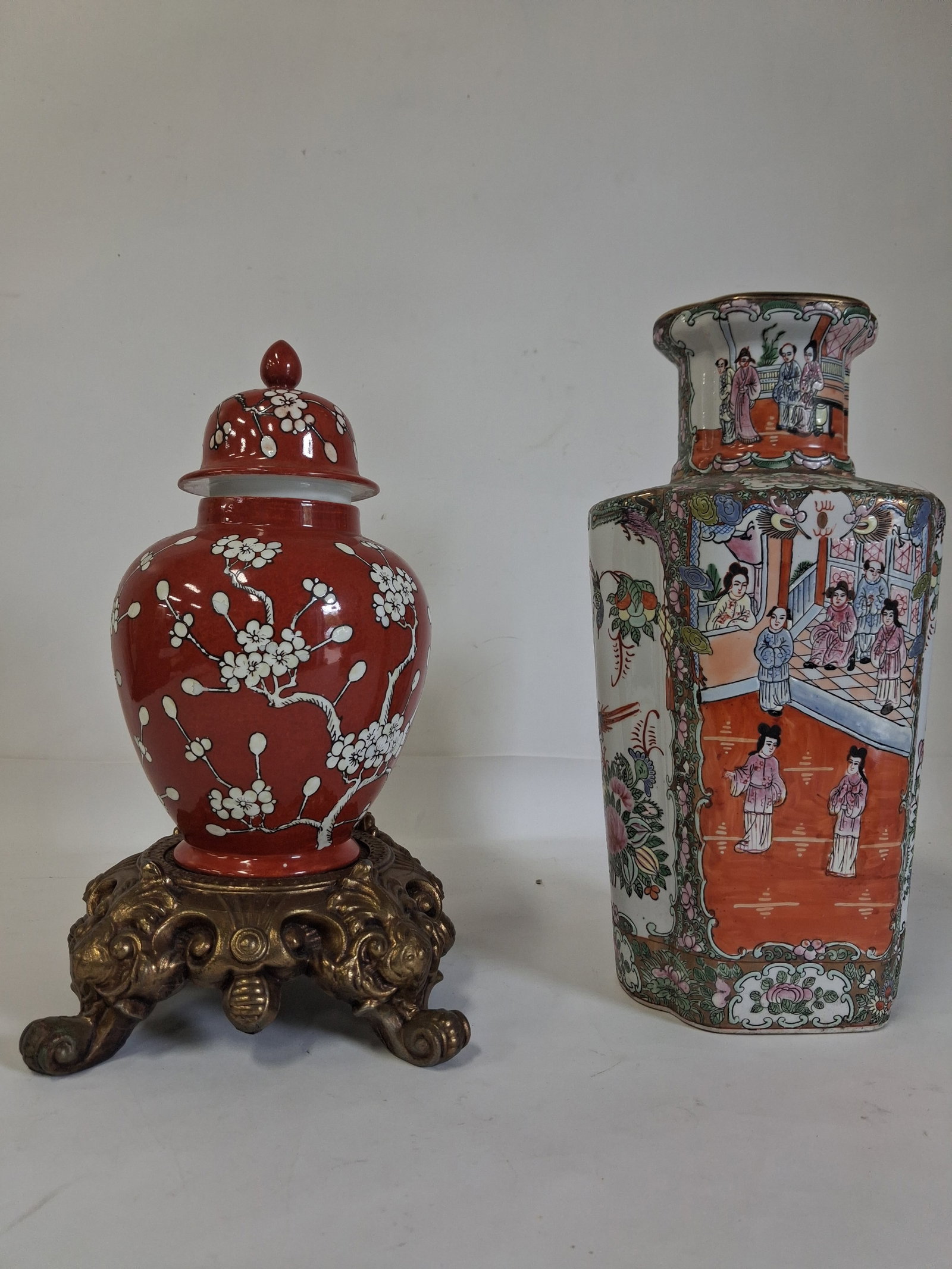 Asian Themed Vases: As pictured. Asian porcelain vases. One with metal base.
