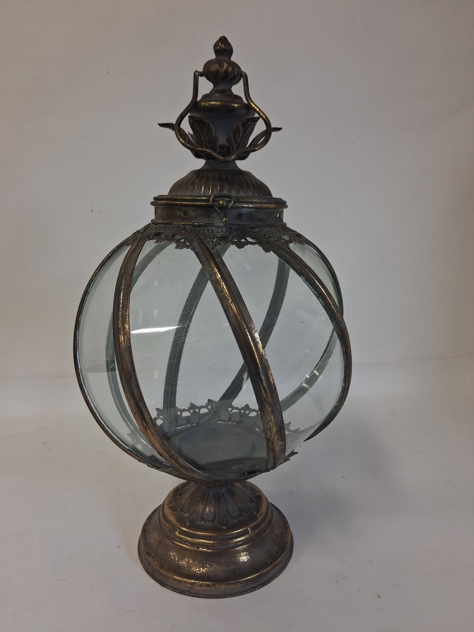 Antique Vintage Glass and Brass Candle Holder: 23in h Total if hung. Beautiful glass and brass spiraling candle holder. As pictured.