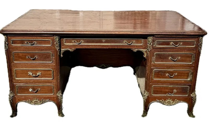 19thC. French Mahogany Twin-Pedestal Desk: Bronze ormolu mounted mahogany twin-pedestal desk; 30in.H. x 61in.W. x 30inD.
