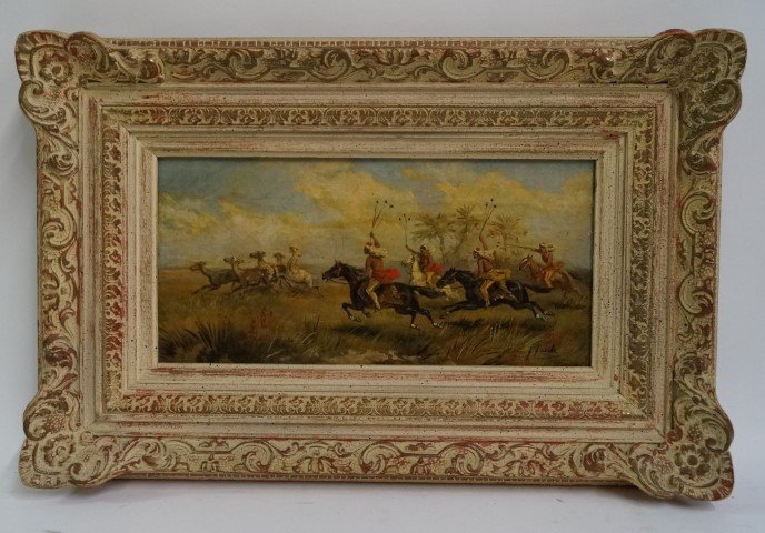 Painting. Middle Eastern Hunt: Signed lower right Hank. In an ornate gilt frame, all original. Original stretchers 6"H. x 12"W.