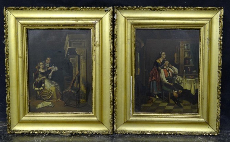 19th C. Dutch School; pair of oil paintings: Oil on copper, Interior scenes with man and woman; 8.5in. X 6.5in.