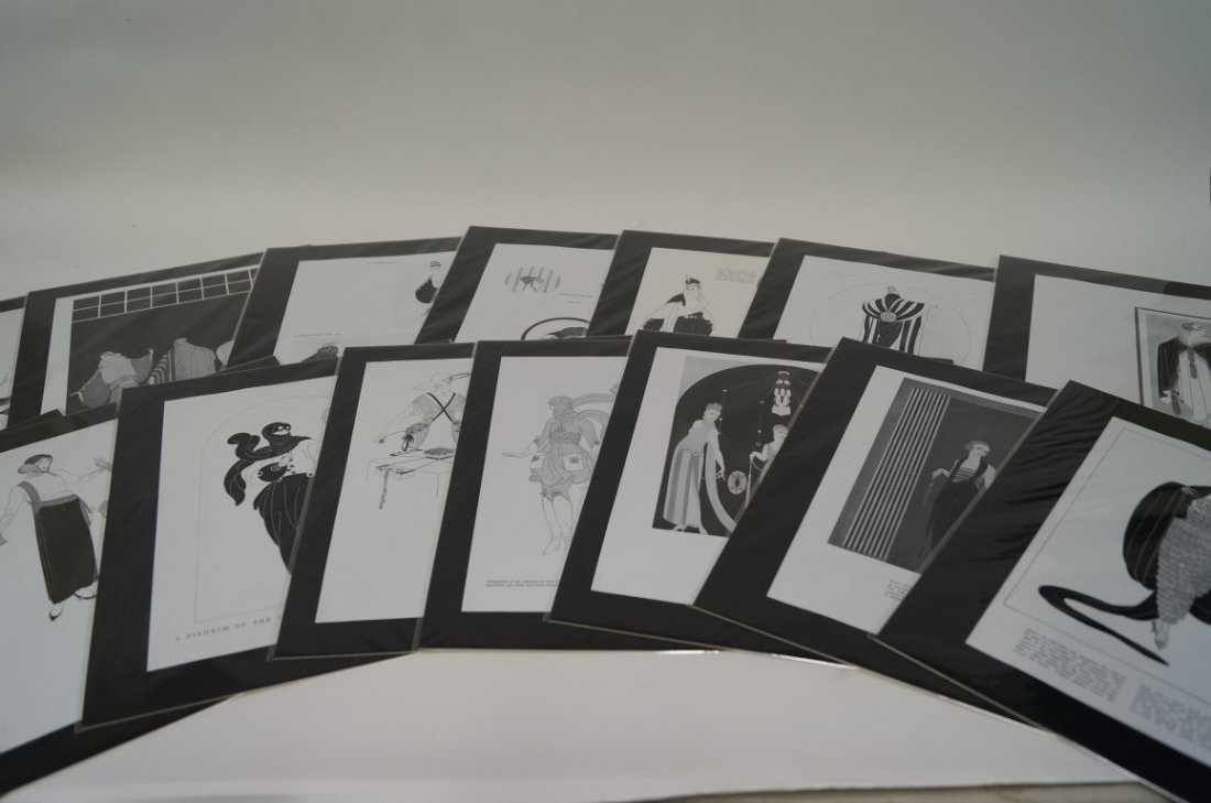 Vintage Erte Fashion Designs 1920-1921: Lot of 15 vintage fashion designs (1920 & 1921) by the world's master of Art Deco creations. Mounted on artist's board and safeguarded in a plastic protective sleeve. 14" x 11"