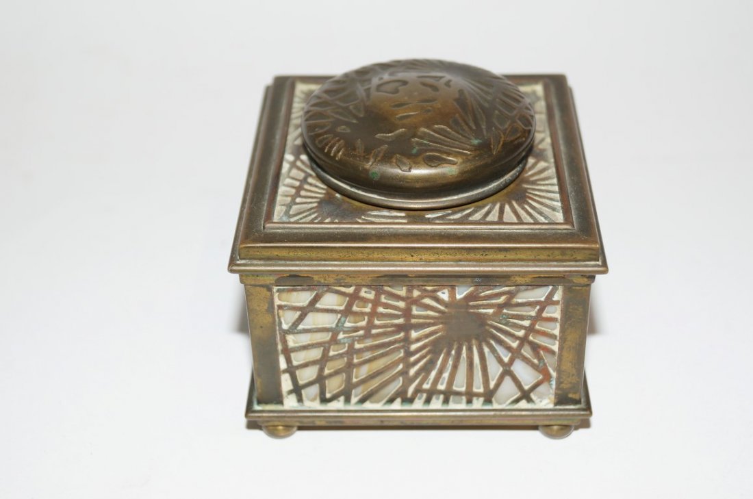 Tiffany Studios Slag Glass Bronze Inkwell: Signed Tiffany Studios,New York and numbered 945. 3 1/4" square.