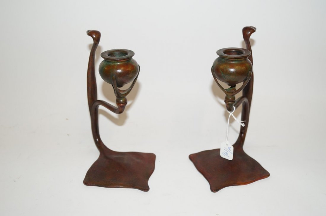 Tiffany Studios Bronze Candlesticks: Cobra style. Marked Tiffany Studios and numbered 1203. 7 1/2"H.