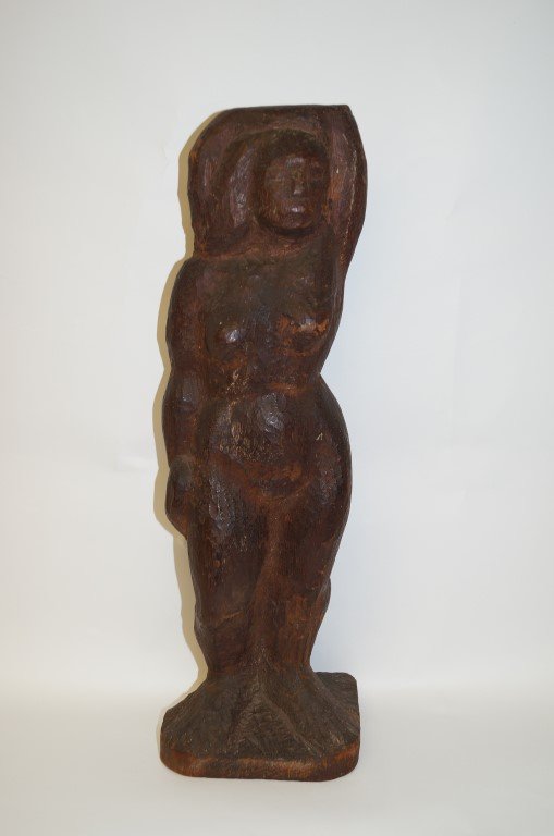 Chaim Gross; 20th C. wood carving signed: Carved wood figure of a nude woman signed; 16.5in. H.
