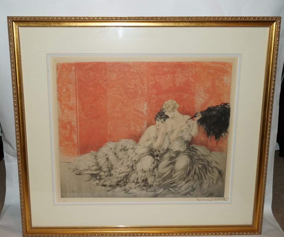 Louis Icart; Original etching signed: Hand colored drypoint etching Two Women. Pencil signed. Embossed windmill stamp; 16.25in. X 19.5in.