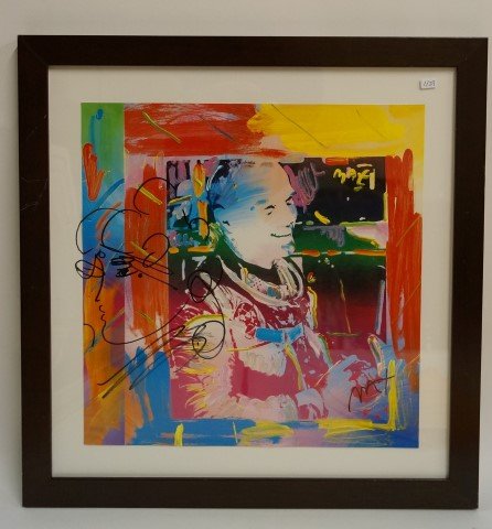 Peter Max Salute to John Glenn, Signed: Peter Max salutes a Marine Fighter Pilot, an astronaut, a U. S. Senator, American Hero: John Glenn. In permanent ink, Mr. Max drew a large beauty on the face of the portrait of Glenn. Matted, framed a