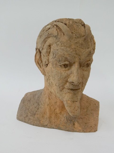 Herbert Sargent; terra cotta bust signed: Terra cotta bust of a devil. Signe and dated 1982; 12in. H.