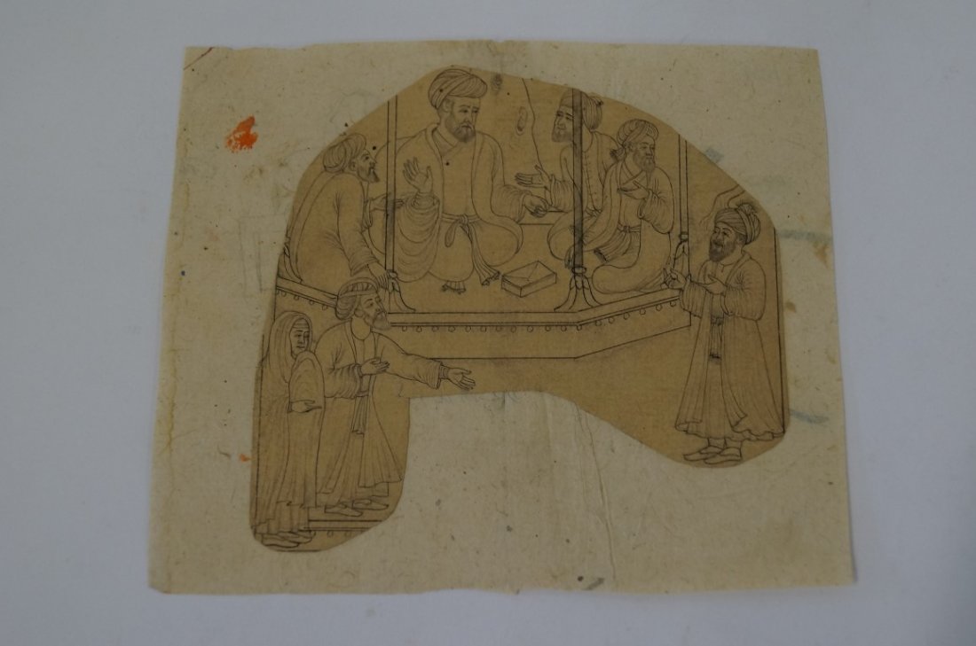 Early 19th C. Indian drawing: Ink on paper, Figures in a Temple. Mughal Dynasty; 4.25in. X 4.5in.