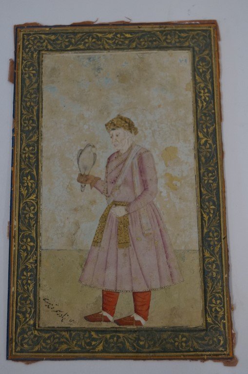 18th-19th C. Indian Watercolor: Watercolor on board, Portait of an Officer holding a Falcon. Gilt decoration. Mughal Dynasty; 8.25in. X 5in.