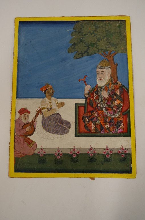 19th C. Indian Watercolor: Watercolor on board, Guru Nanak with Musicians; 10.5in. X 7.25in.