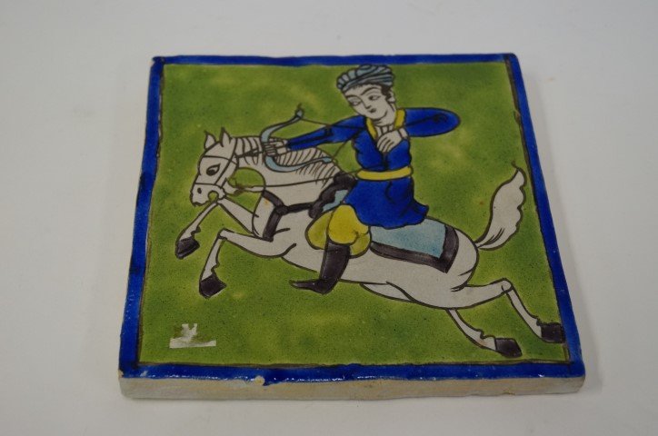 Persian Pottery Tile, 19th C.: Warrioir on horseback, 8"H. x 7 3/4"W.