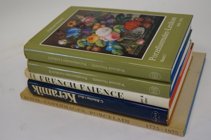 Porcelain Reference Books (5): Lane, Arthur. French faience. Neuwirth. Porzellan Maler - Lexicon 1840-1914 (2 Vols). Keramik De 20. Jahrhunderts Deutschland; G. Reineking V Bock. Royal Copenhagen, 1975. Bicenterary book. All with d