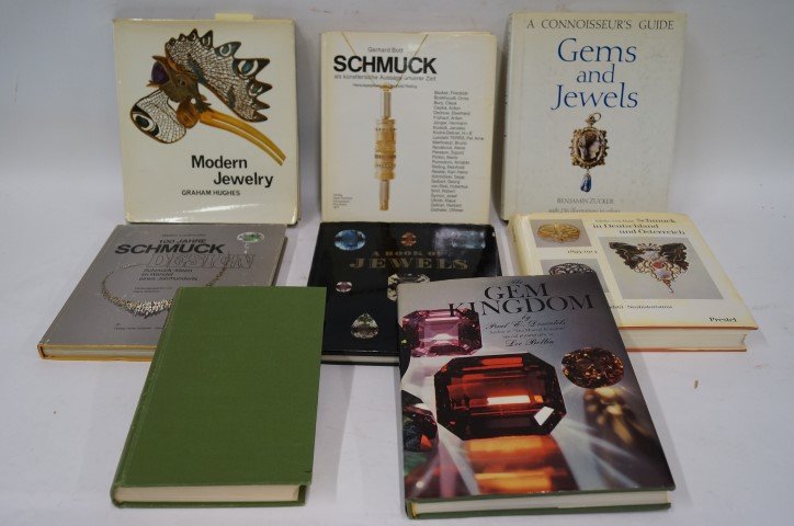 Jewelry Books (8): A history of Jewellery 1100-1870 by Joan Evans, 1953, 1st edition, 10 color plates, 176 black and white plates; Gem Kingdom by Paul E. Desantels, 1971; and six others. All hard cover, all with dust ja