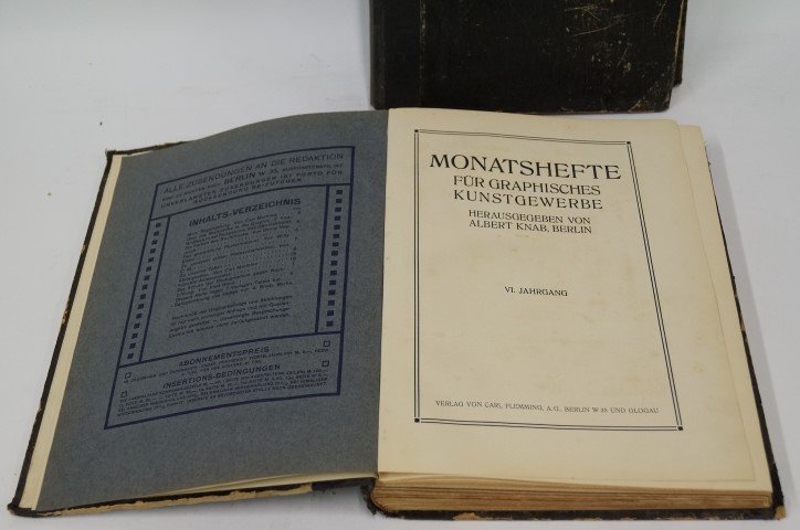 Two(2) Volumes: Monatshefte: Fur Graphisches: Carl Matthies. Published by Albert Knab, Berlin. 1907, 1909. Two(2) volumes of original graphics arts of the Arts and Crafts period. Most in full color lithography.