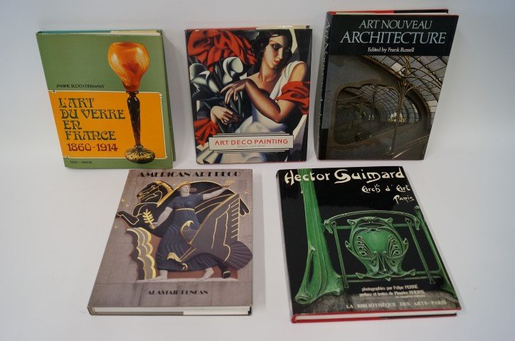 Five(5) Books: Art Nouveau & Art Deco: J. Bloch-Dermant. L'Art Du Verre En France 1860-1914; F. Russell. Art Nouveau Architecture; E. Lucie-Smith. Art Deco Painting; A. Duncan. American Art Deco; Ferre/Rheims. Hector Guimard.