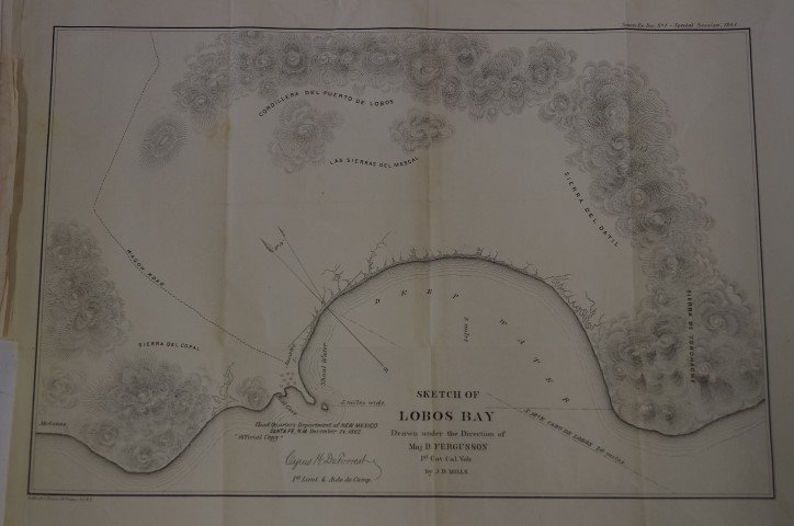 Sketch of Lobos Bay: Drawn under the direction of Maj. D Ferguson 1st Cav. Cal. Vols. by JB Mills. Headquarters Department of New Mexico, Santa Fe. December 24th, 1862. Official Copy. 11.75x16"