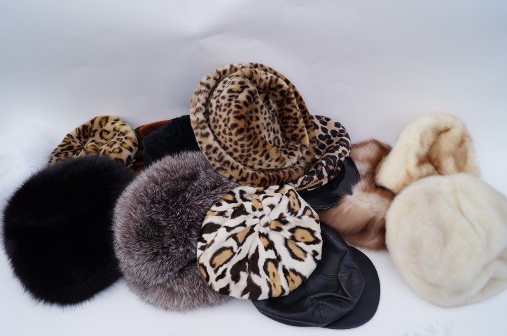 Lot of 14 Designer Hats Inc. Adolfo II: Fourteen good quality designed hats, mostly fur inc. one by Adolfo II. New York and Paris for Saks Fifth Avenue; Two by Don Anderson (Bonwit Teller); one by Frank Olive (Saks Fifth Avenue); one by Len