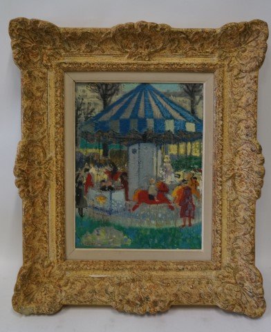 Trevedy; 20th C. French oil painting signed: Oil on board, At the Carrousel signed l.l. Trevedy. Old original label affixed to the back. Galerie Hermann, Paris; 13.75in. X 10.5in.