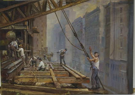 Robert Riggs; American oil painting signed: Oil on canvas, Midtown Construction signed l.l. Inscribed with title on reverse; 20in. X 28in.(As is. Needing restoration)