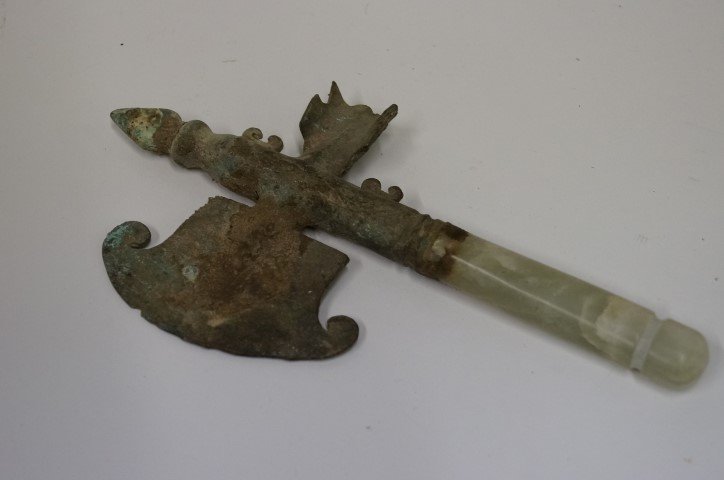 Chinese archaic axe: Archaic iron axe with jade handle; 9in. H.