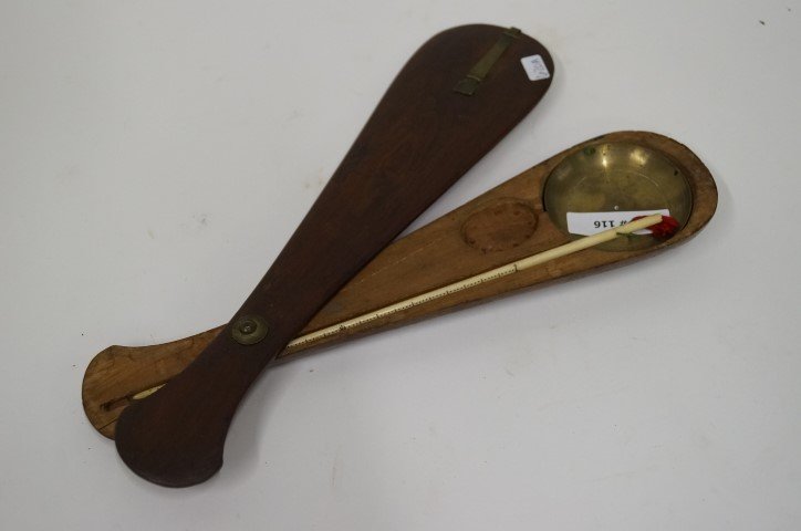 Lot: Early American Sailmaker's kit, etc.: Wood cased Sailmaker's kit. Fitted case opened reveals a bone carved needle and brass spool holder, 11in. L.; Scrimshawed bone tool, 7in. L.