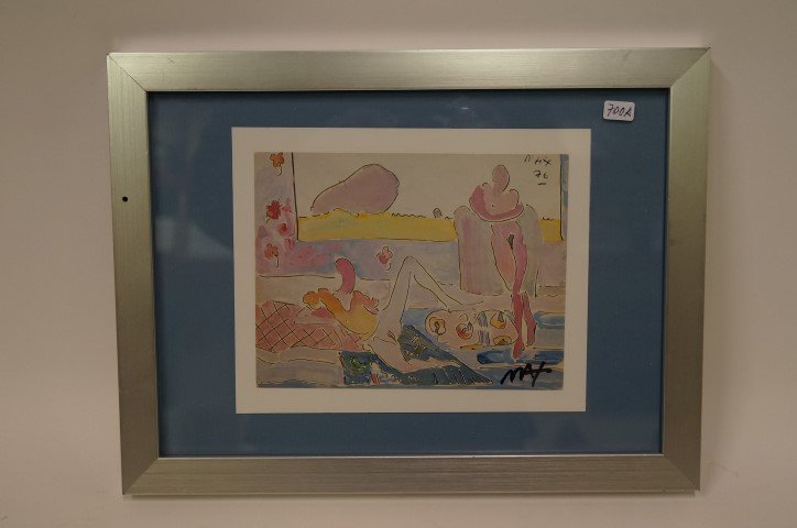 Peter Max print signed: Two Nudes. 1976. Signed in black felt pen; 6.5in. X 5in.