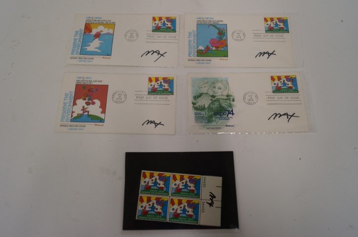 Lot of Peter Max First Day Covers and Stamps: Four(4) First Day Covers, Four(4) stamps