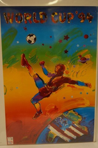 Peter Max print signed: World Cup '94. Signed and dated in black felt pen; 36in. X 24in.