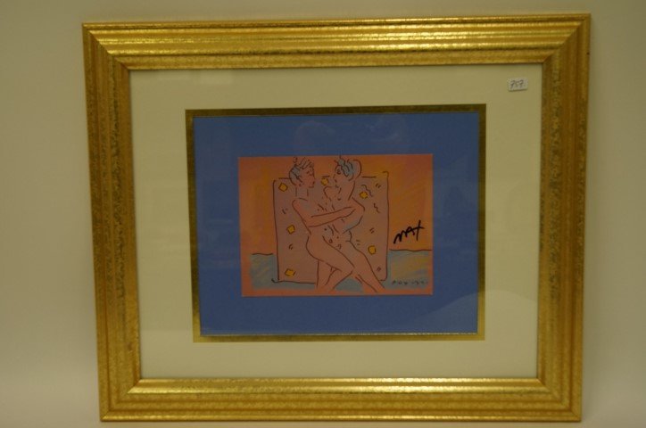 Peter Max print signed: Lovers. 1979. Signed in black felt pen; 4.75in. 6.5in.