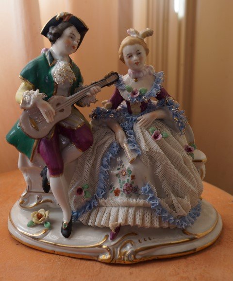 Frankenthal Porcelain Grouping: Marked Frankenthal. Made in Germany. Green crown mark (minor imperfections)7"H. x 7"W.