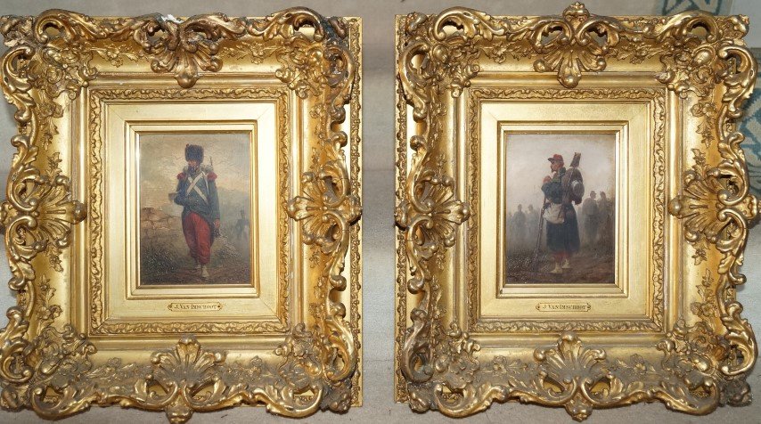 Pr. J. van Imschoot Paintings: Jules van Imschoot 19th C. Belgian oils on panel, Napoleonic Sapuerand Napoleonic Infantry in ornate gilded wood carved frames. Both signed L. L. J. van Imschoot. With an old label at the reverse. Pur