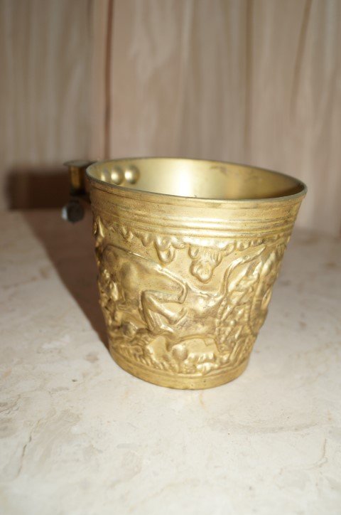 Greek Silvered Repousse Cup: High relief decorations. 4 " H. 4 "D.