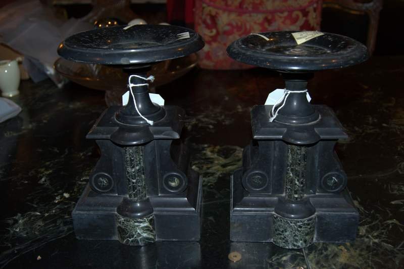 Pair of 19th C. Marble Garnitures: Open tops are probably not complete. Will be visible in photograph. 10"H. 6 3/4"W.