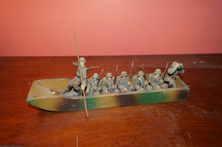 Elastolin Antique Soldier Miniatures (7): Seven soldiers in a pontoon boat. One soldier as is. Purchased in Germany after World War Ii. Approx 1 3/4"H.