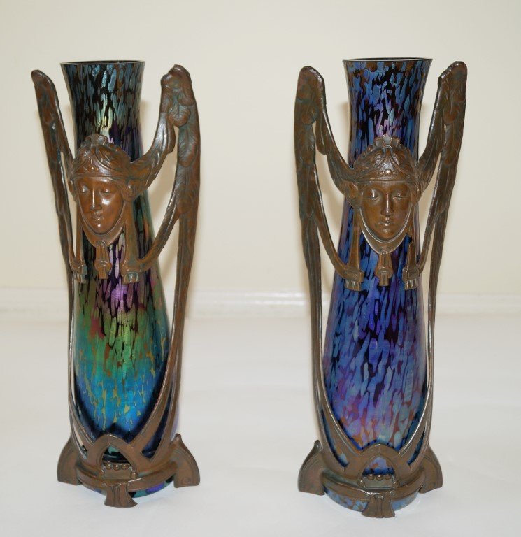Pair of Art Nouveau bronze mounted Loetz vases: Bronze mounted Loetz irridescent glass vases; 14in. H. x 5in. W.