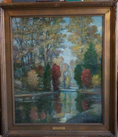 Robert Vonnoh; American oil painting signed: Oil on canvas, The Mill Pond, Fall 1923 signed l.r.; 30in. X 25in.