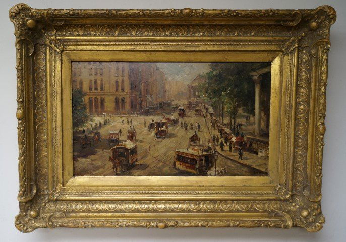 Max Kuehne; Oil Painting Signed: Oil on board, Along the Park signed l.r. and dated '12(1912); 12in. X 20in. Original period frame