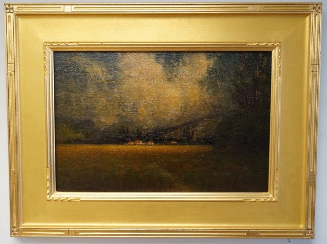 James Everett Stuart; American oil painting signed: Oil on canvas, Sunshine and Shadow, Napa Valley, Ca. signed, numbered and dated 1915 lower left. Transcription on reverse reads: "No. 2055 - 12x18 - 400.00 Sunshine and Shadow, Napa Valley, California
