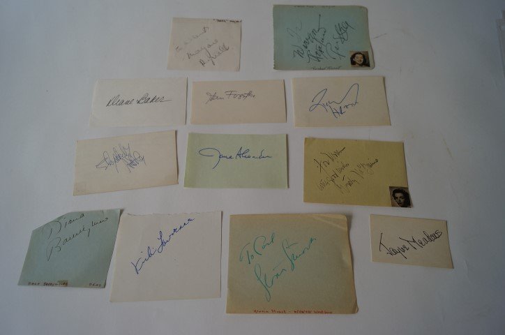 Autograph Lot Inc. Diane Baker (12): Ink autographs on various size autograph book pages and cards to include Diane Baker, Gloria Stuart, John Forsythe, Richard Harris, Diana Barrymore, Vicki Lawrence, Elizabeth Ashley, Jane alexander, M