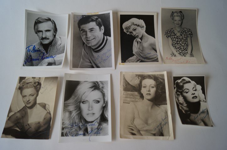 Autographed Celebrity Photographs (8): Dennis Weaver, "To Gene, signed in blue marker; James Farentino signed in blue ink; Jan Sterling signed in blue ink; a Theodore Carstens cardboard stock photograph of Vivien Blaine singed in 1946 in r