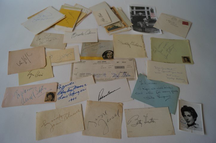 Celebrity Autographs (50): Excellent dealer's or collector's lot. Included in the lot are Clayton Moore, Lone Ranger; Richard Crenna; George Jessel; Ida Lupino "I hope we know each other for many years"; Betty Hutton; Joan Blon