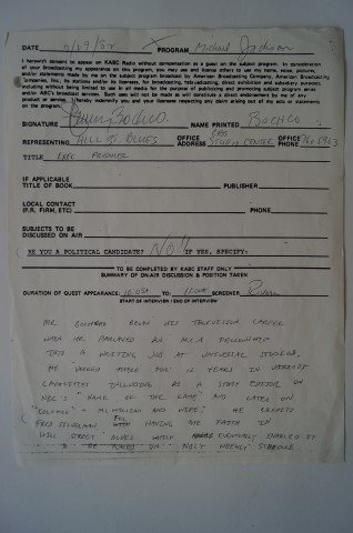 Steven Bochco Document Signed: Famed executive producer of Hill Street Blues, this is a signed consent for Steven Bochco to appear on KSBC radiio program Michael Jackson as a representative of the Hill Street Blues program for a 55