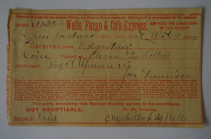 Wells Fargo & Co. Receipt. 1888: Express receipt . San Andreas, CA for $11.30 Wells Fargo form with extensive ads at the reverse. With signature of Whitlock. 6 3/4" x 4 1/8"