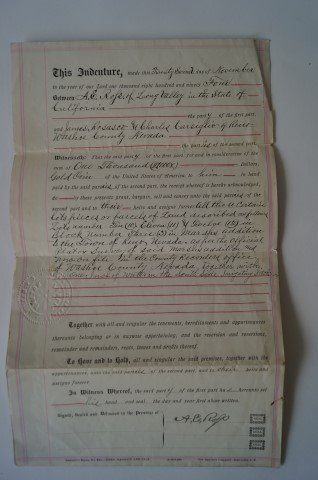 1894 Reno Nevada Land Deed: Deed, Reno, Washoe County Nevada. A. C. Ross of Long Valley, Calif. Sells three twon lots in Marsh's addition in the Town of Reno to James Rosasco and Charles Carsiglio of Reno for $1000 in gold coin.