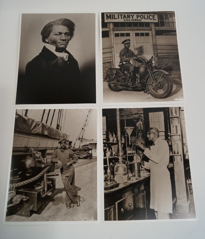 African American Historical Photographs (41): Hand printed photographs. Harlem, Lenox and 136th, Officers with Troops behind marching; Harlem, Lenox and 136th, Marching in Rows; Harlem shoppers; Frederick Douglas (younger years); 9th Cav; 54th Ma