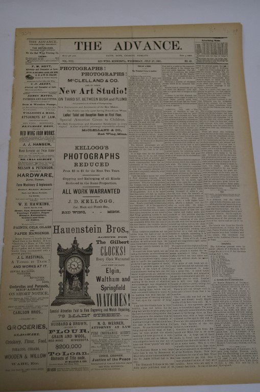 The Advance - Red Wing, MN 1881: Dated July 27th, 1881, featuring articles about Billy the Kid, the surrender of Sitting Bull and Rock Island Railroad.