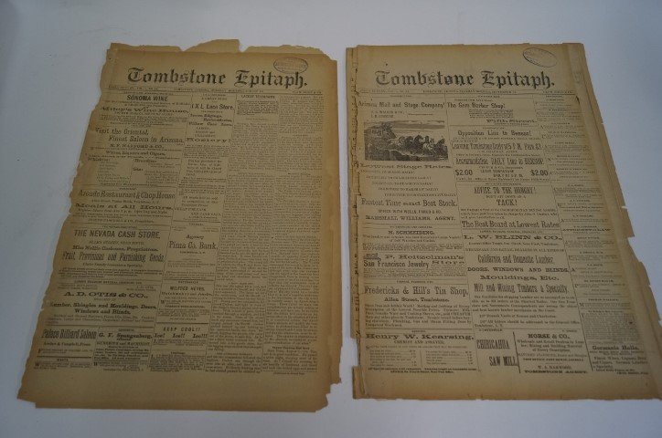Tombstone Epitaph (2): Two Tombstone Epitaph newspapers. Dated September 14th, 1880, and August 10th, 1880. Deacified by Jim Lyons, March 1993. The folder is made of polyester for long term preservation.
