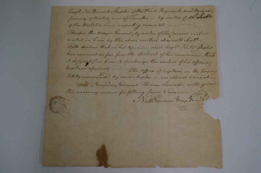 Revolutionary War Letter - Gen. Goodwin: Revolutionary war letter signed "Nath. Goodwin, Maj Gen 5th" Undated 1pg ALS stampless folded letter addressed to Capt Nathaniel Staples of the Third Regt, Second Brigade formerly of Berkley, now of T